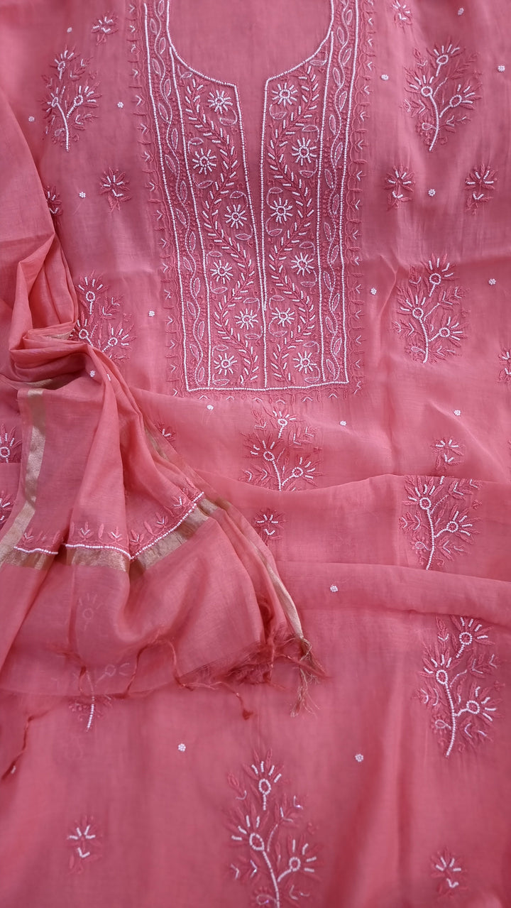 Premium Mul Chanderi Supersoft Dyeable Chikankari Dress Material | Hand Embroidered with Pearls & Cutdaana | Kurta & Dupatta Set