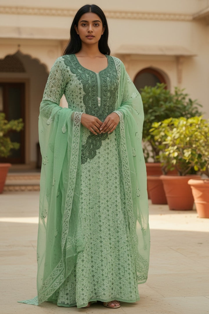 Unstitched Georgette Chikankari Dress Material | Hand Embroidered Kurta, Bottom & Dupatta