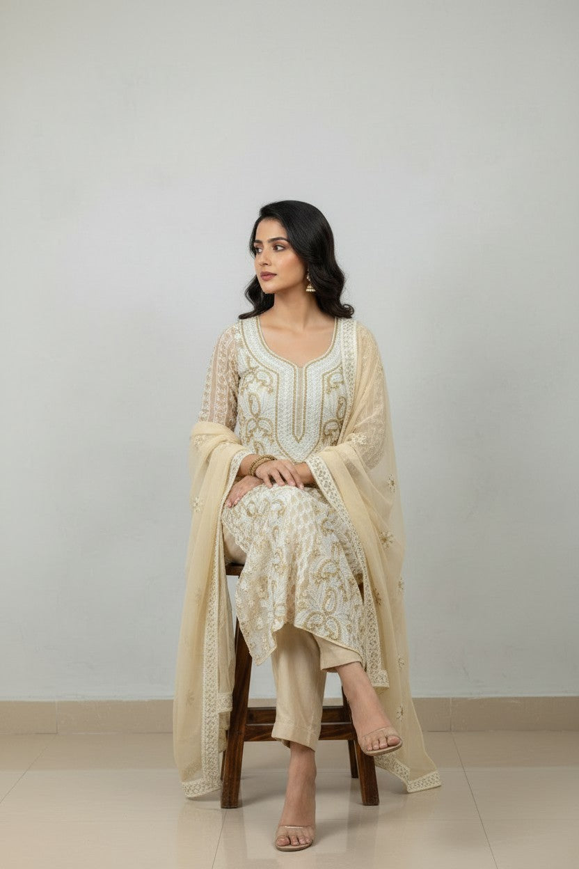 Unstitched Georgette Chikankari Dress Material | Hand Embroidered Kurta, Bottom & Dupatta