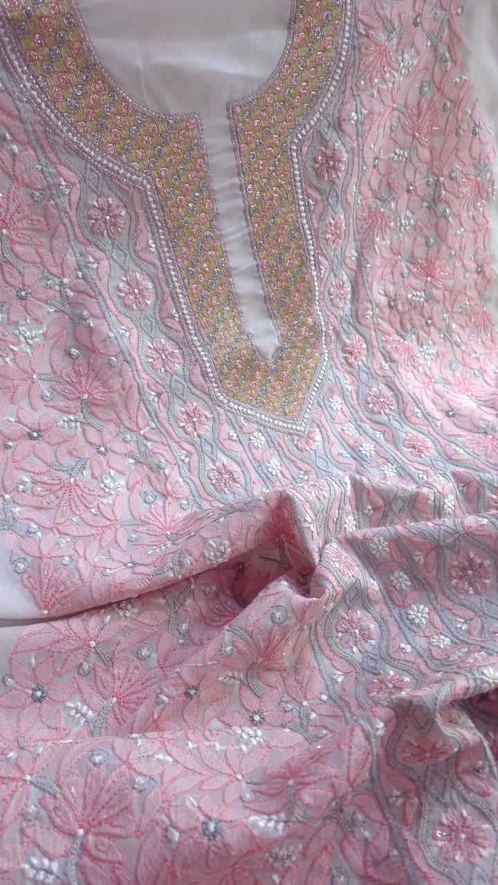 Afreen Premium Hand Embroidered Chikankari Cotton Unstitched Dress Material with Pure Chiffon Dupatta