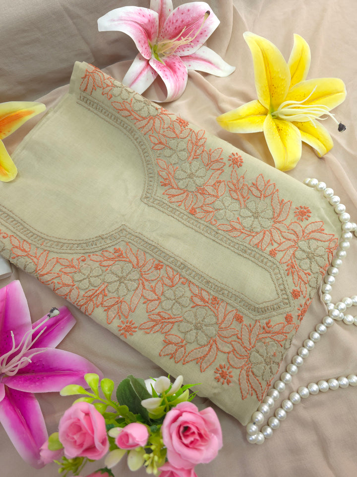 Paridhan Chikan Premium Cool Cotton Chikankari Dress Material Set with Hand Embroidered Kurta, Bottom & Chiffon Dupatta with Handmade Crochet Border