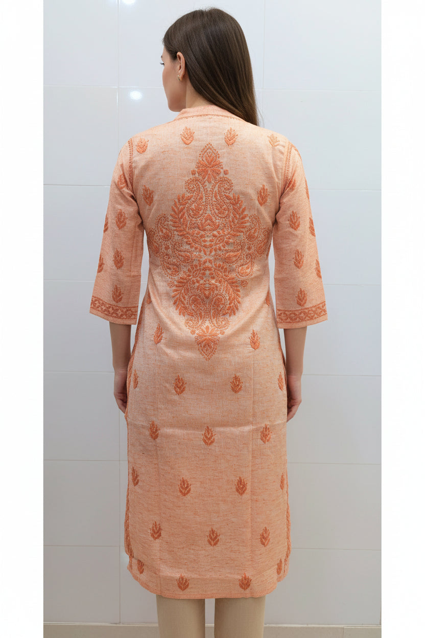 Pure Cotton Linen Lucknowi Chikankari Long Kurti | 100% Hand Embroidered | Non-Transparent | No Shrinkage