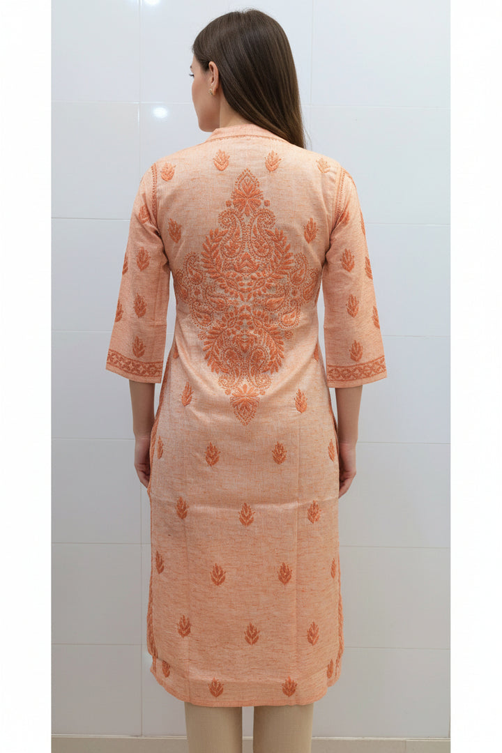 Pure Cotton Linen Lucknowi Chikankari Long Kurti | 100% Hand Embroidered | Non-Transparent | No Shrinkage