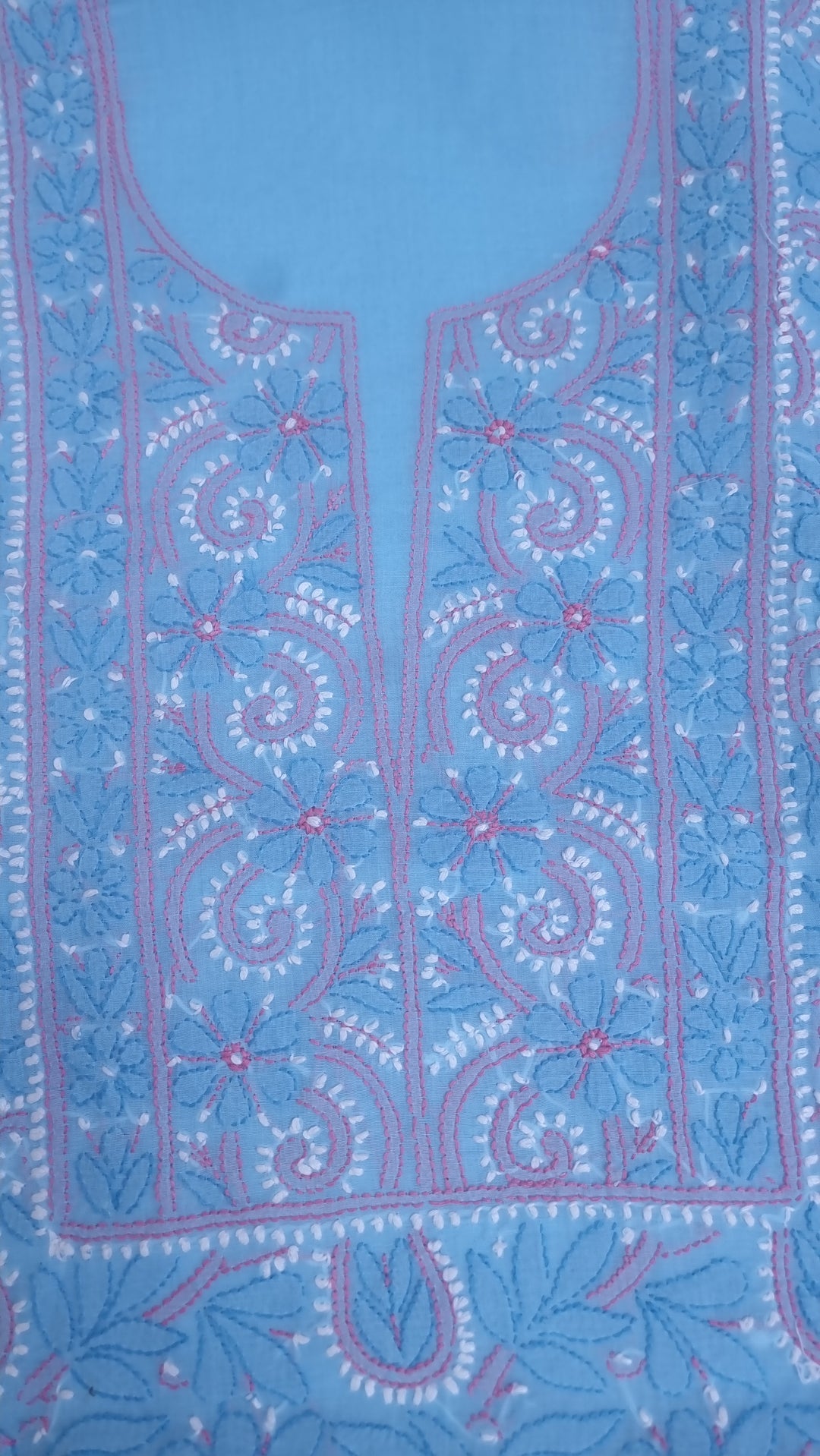 Lucknow Chikankari Hand Embroidered Cotton Dress Material with Tri-Color Motifs & Pure Chiffon Dupatta