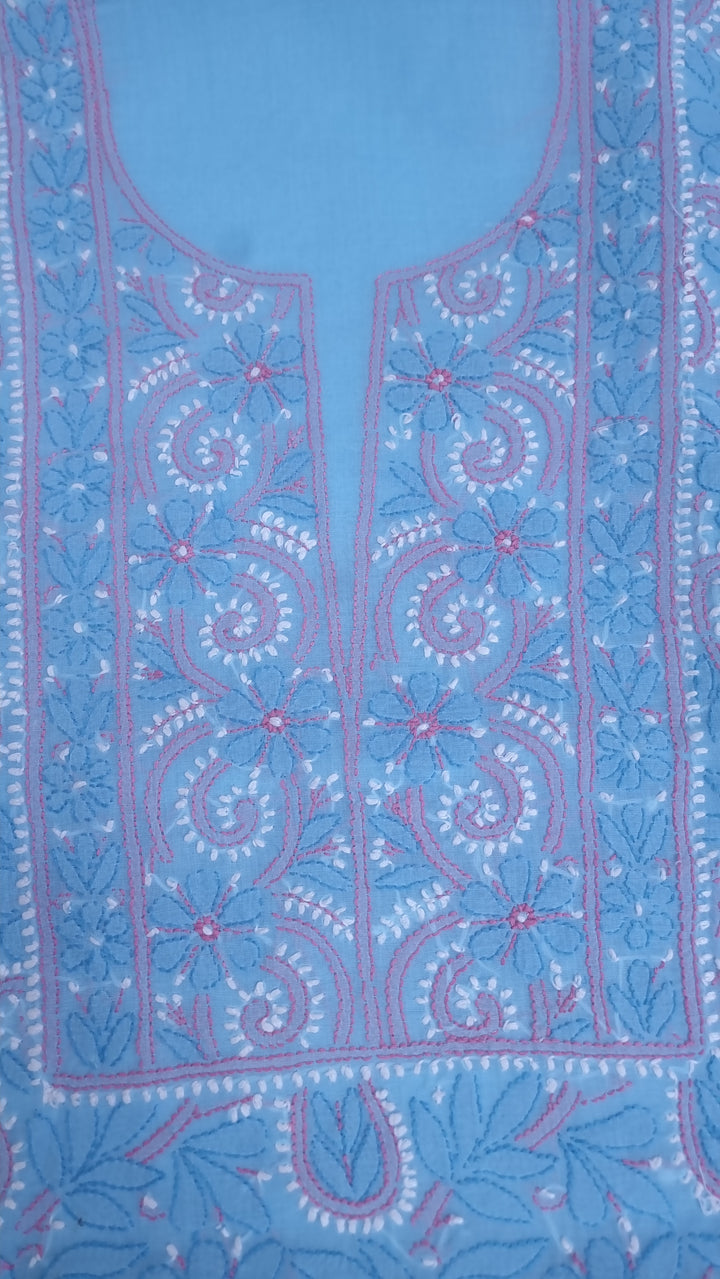Lucknow Chikankari Hand Embroidered Cotton Dress Material with Tri-Color Motifs & Pure Chiffon Dupatta