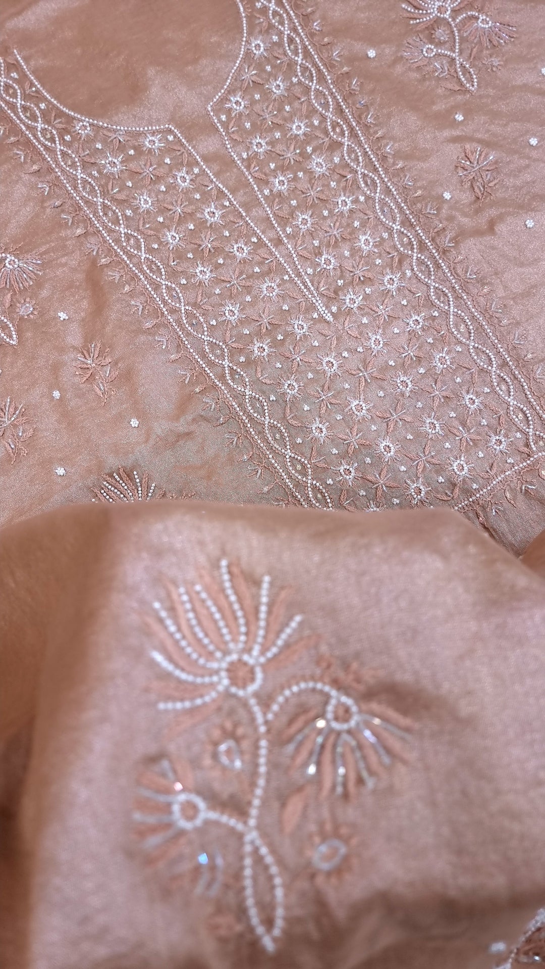 Soft Tissue Chikankari Unstitched Dress Material | 3 Taar Hand Embroidery with Pearl & Cutdana Work + Golden Border Dupatta