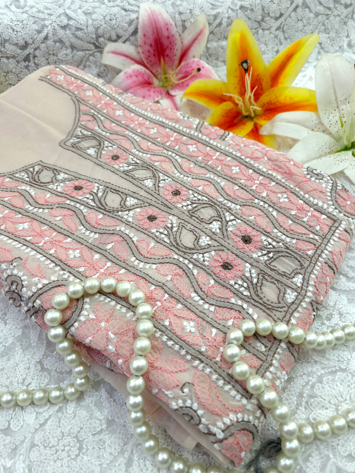 Lucknow Chikankari Hand Embroidered Cotton Dress Material with Tri-Color Motifs & Pure Chiffon Dupatta