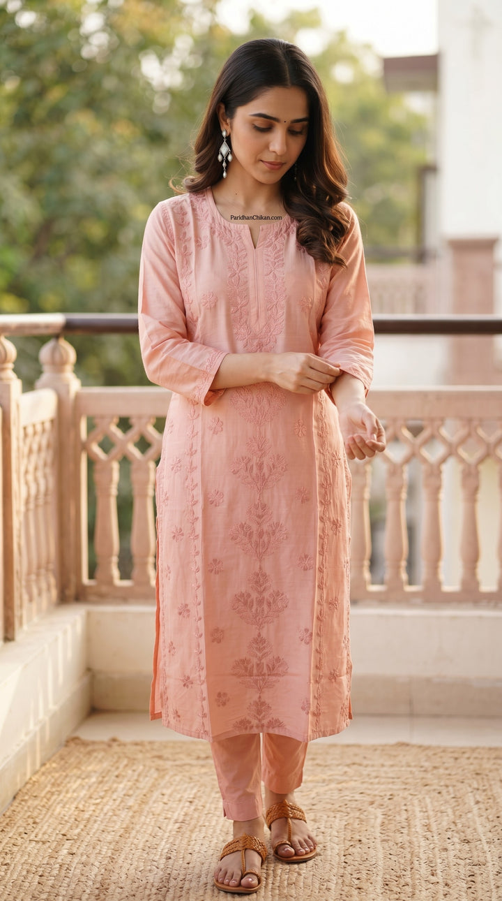 Sharvari Chikankari Chanderi Ombre Dyed Long Kurta for Women | Soft Non-Transparent | Lucknowi Chikankari | Paridhan Chikan