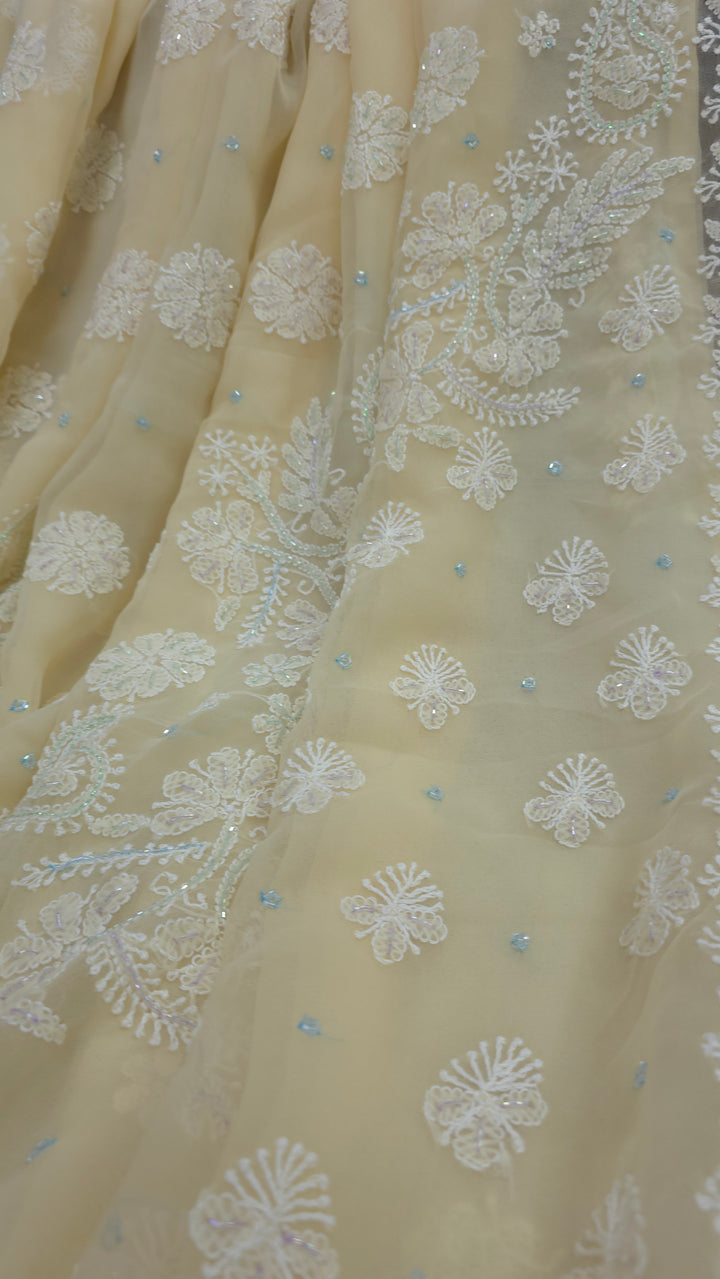 Pearl Chikankari Saree on Faux Georgette with Matching Blouse | Hand Embroidered Lucknowi Saree | Paridhan Chikan Heritage Collection