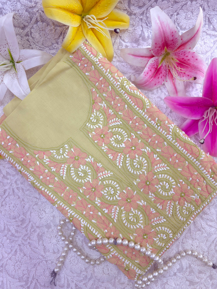 Lucknow Chikankari Hand Embroidered Cotton Dress Material with Tri-Color Motifs & Pure Chiffon Dupatta