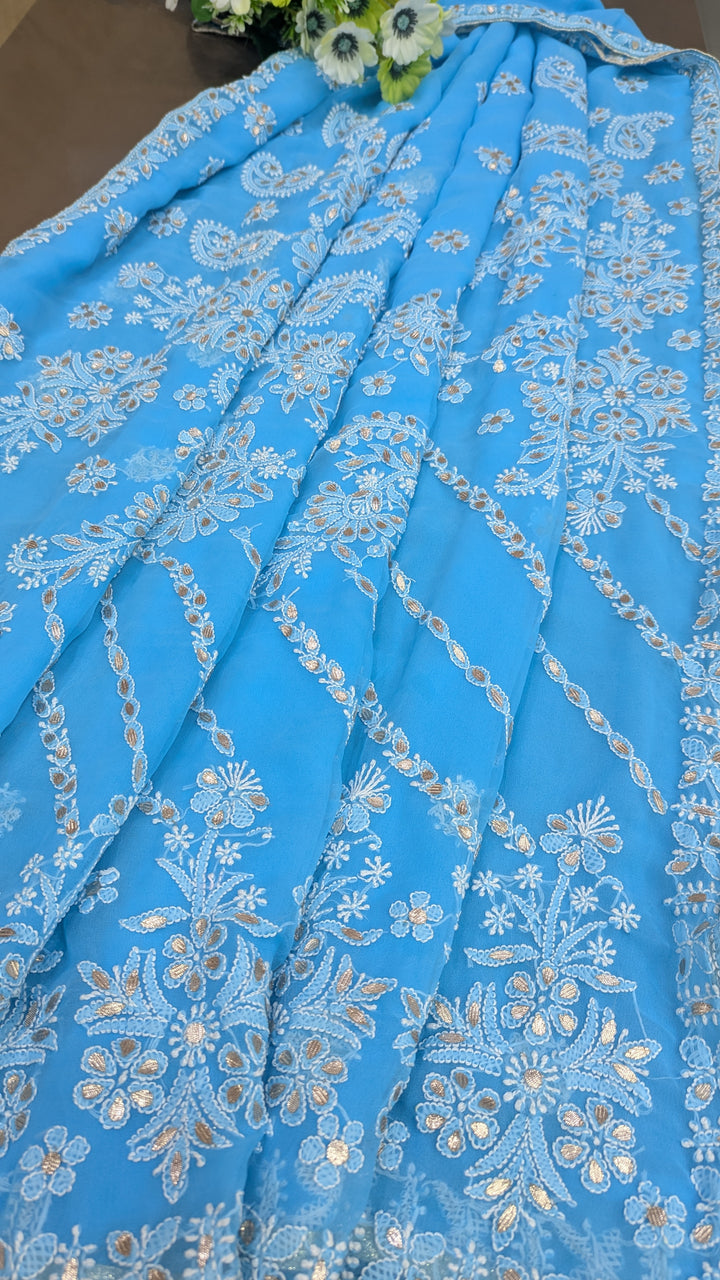 Embellished with Gota Patti | Hand Chikankari Faux Georgette Saree | Lucknowi Embroidery | Designer Festive Wear by Paridhan Chikan