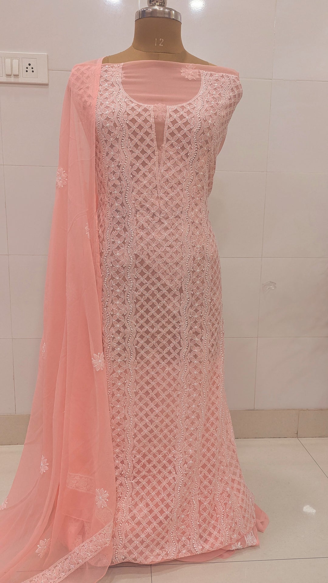 Unstitched Georgette Chikankari Dress Material | Hand Embroidered Kurta, Bottom & Dupatta