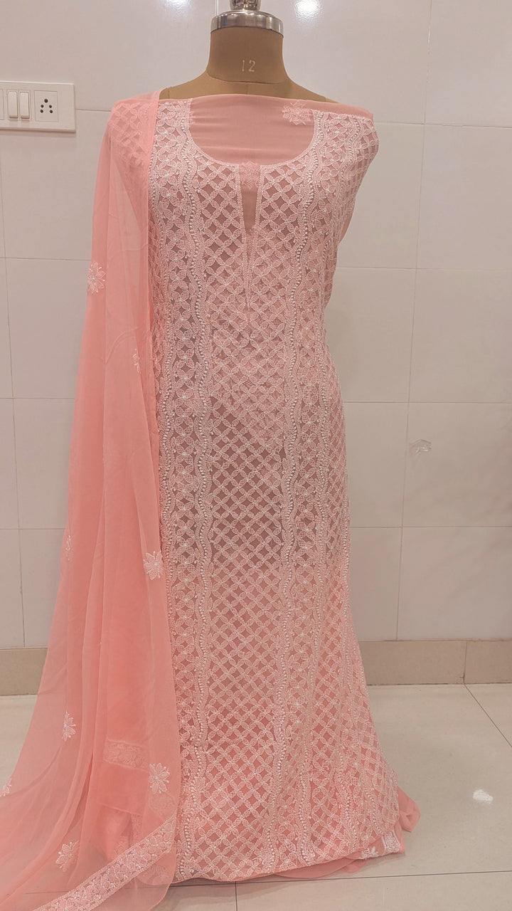 Unstitched Georgette Chikankari Dress Material | Hand Embroidered Kurta, Bottom & Dupatta