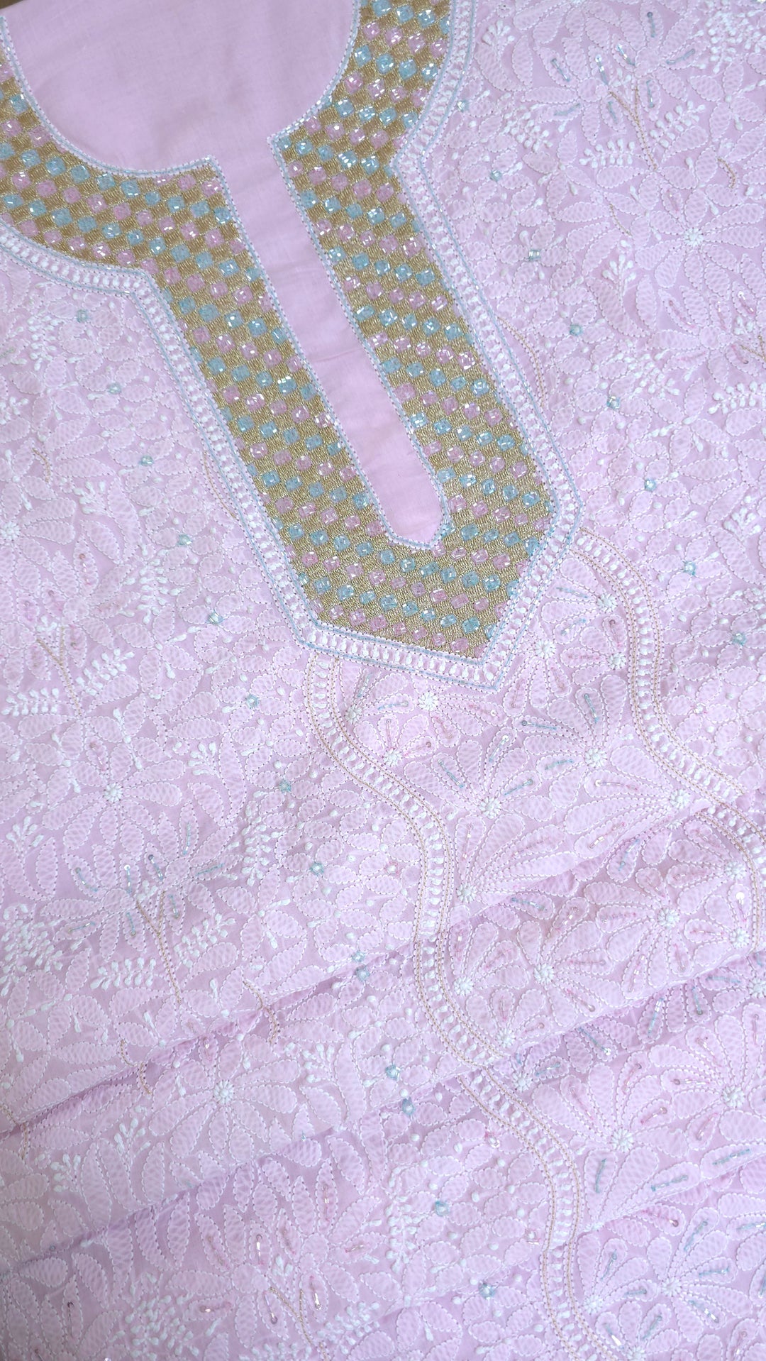 Premium Hand Embroidered Chikankari Cotton Unstitched Dress Material with Pure Chiffon Dupatta