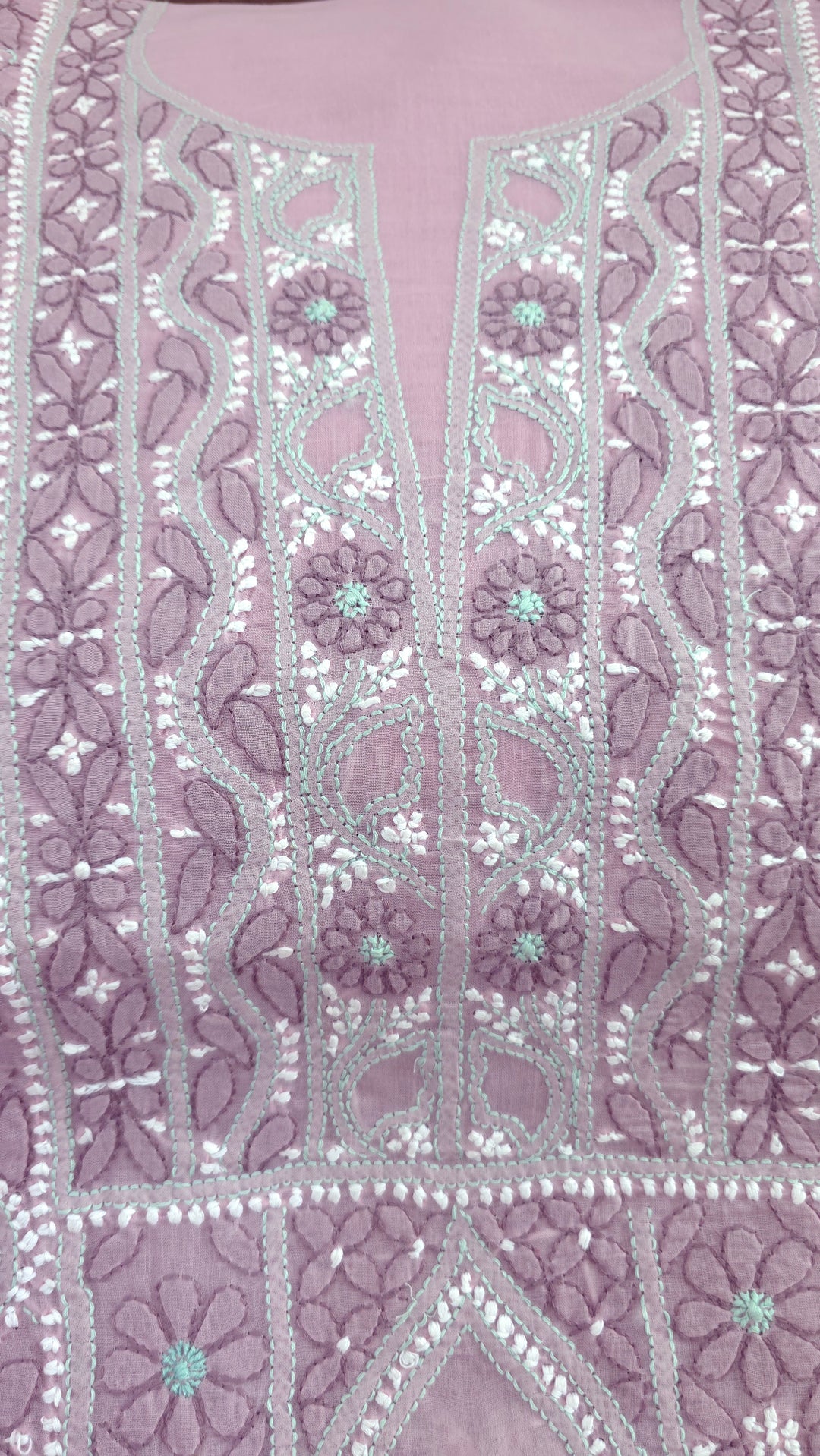 Lucknow Chikankari Hand Embroidered Cotton Dress Material with Tri-Color Motifs & Pure Chiffon Dupatta