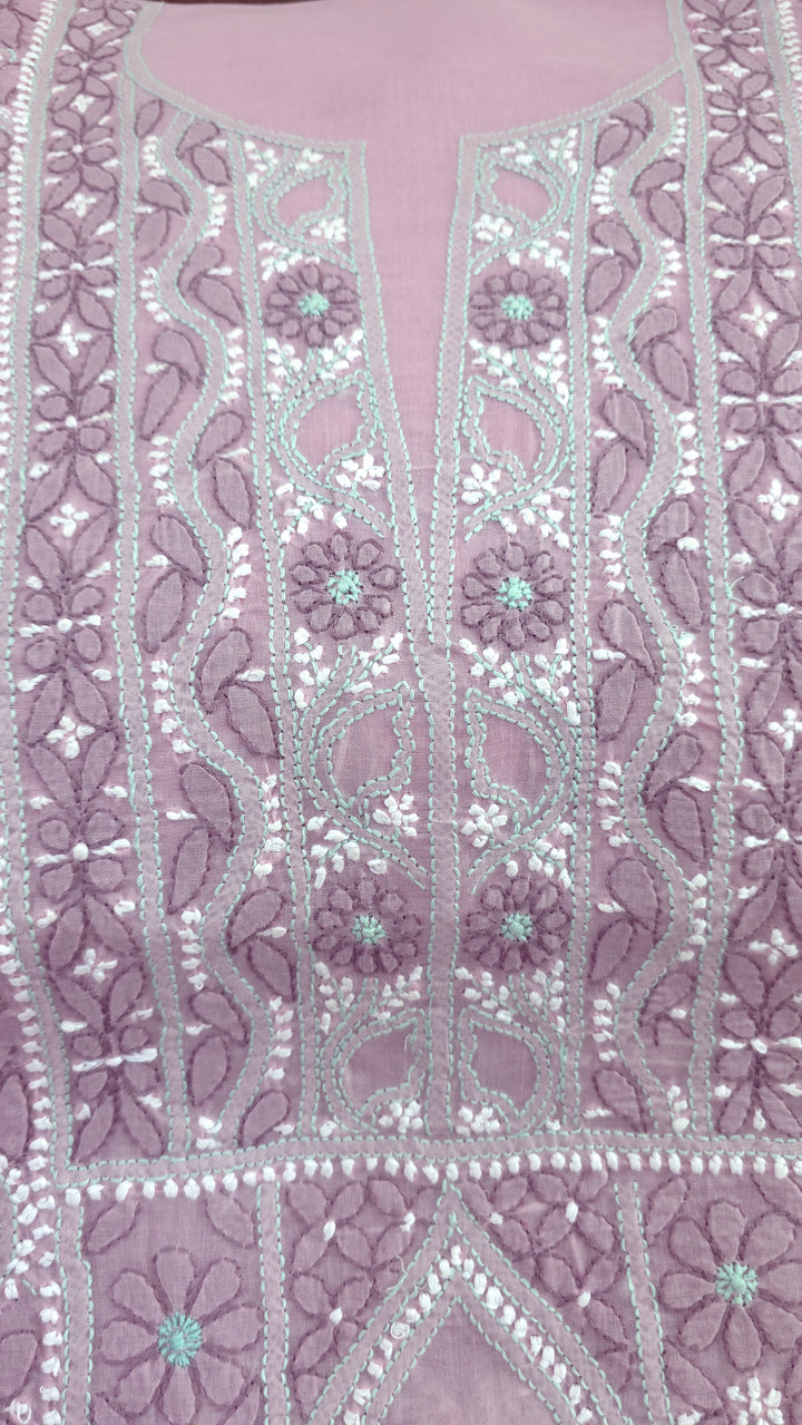 Lucknow Chikankari Hand Embroidered Cotton Dress Material with Tri-Color Motifs & Pure Chiffon Dupatta