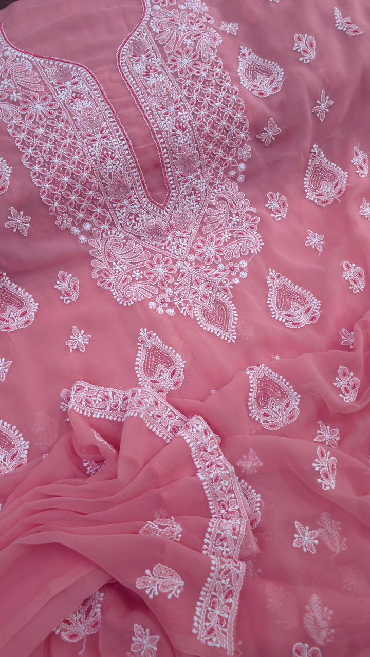 Alina Heavy Embellished Georgette Chikankari Unstitched Dress Material | Cutdana Handwork