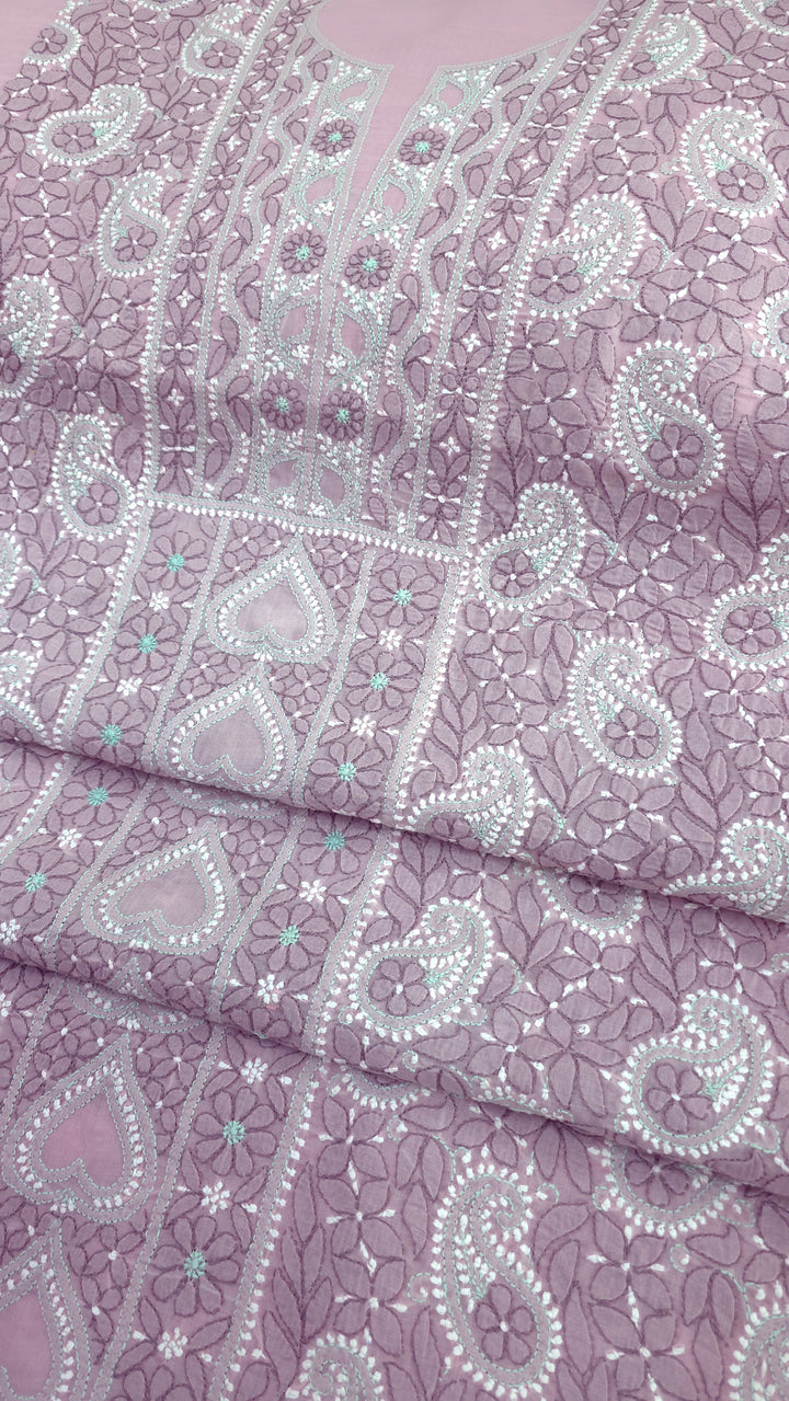Lucknow Chikankari Hand Embroidered Cotton Dress Material with Tri-Color Motifs & Pure Chiffon Dupatta