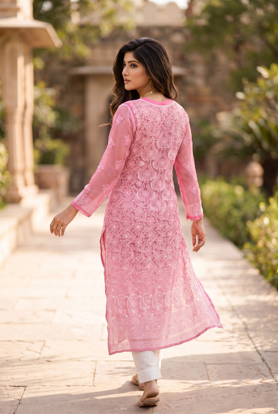 Georgette Lucknowi Chikankari 46" Long- front n back full embroidered Kurti | 100% Hand Embroidered| No Shrinkage