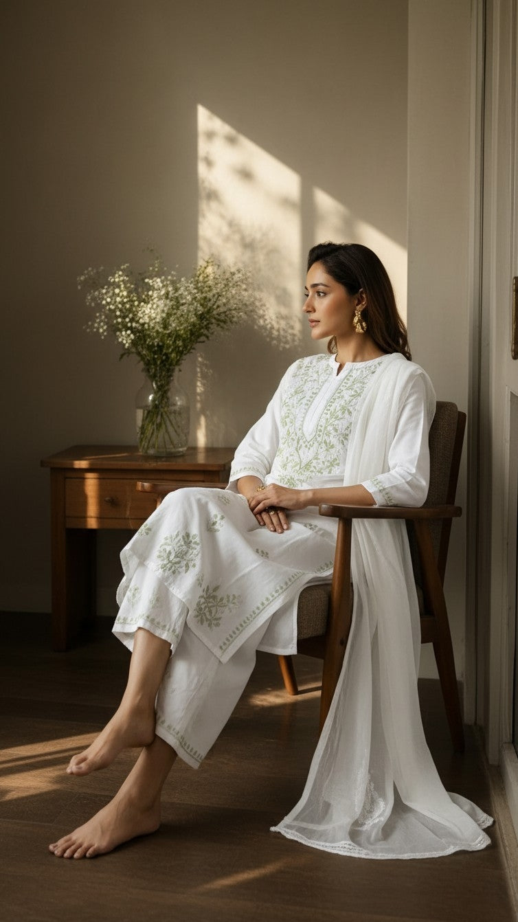 Ananya Rayon Colored Thread Chikankari Kurta Palazzo Dupatta Set | Lucknow Hand Embroidery | Paridhan Chikan