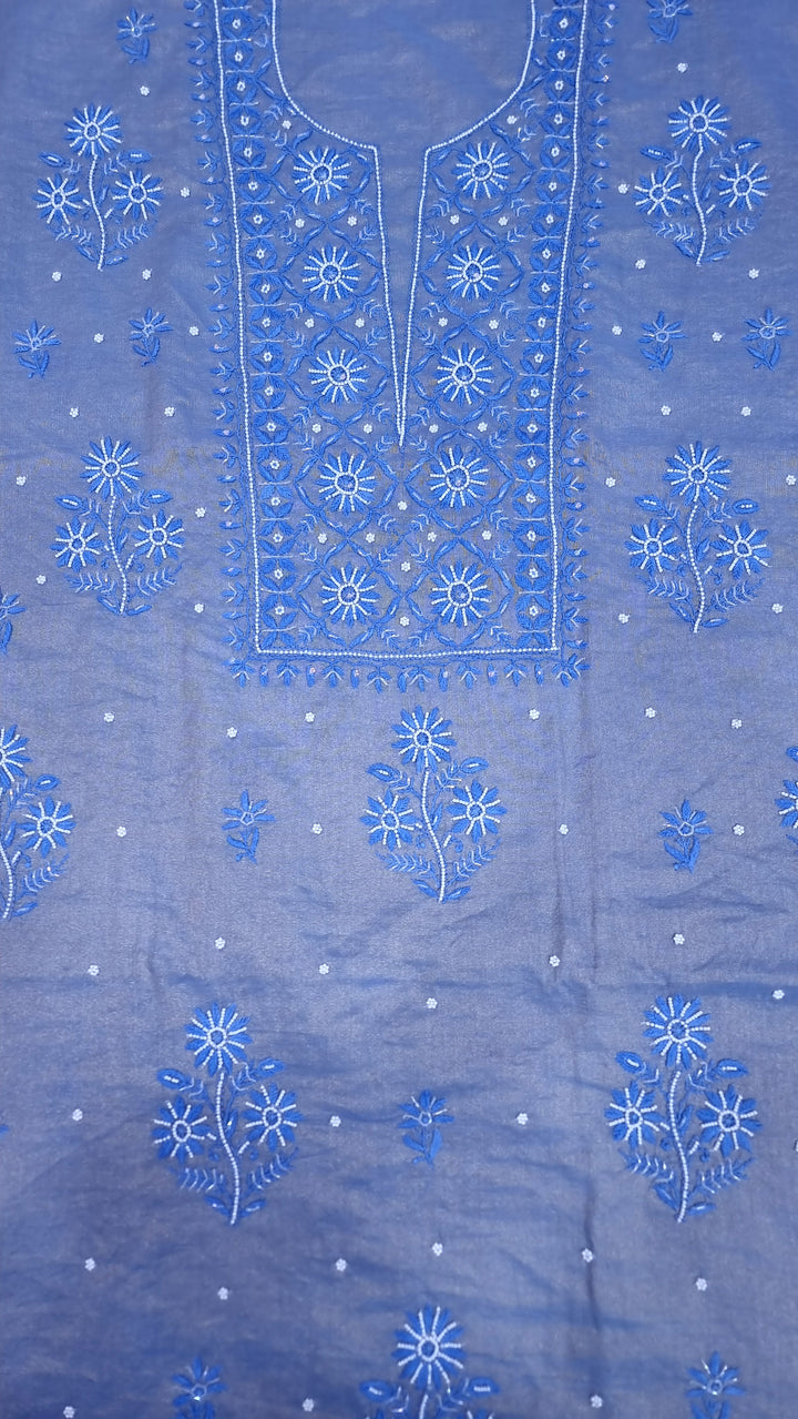 Soft Tissue Chikankari Unstitched Dress Material | 3 Taar Hand Embroidery with Pearl & Cutdana Work + Golden Border Dupatta