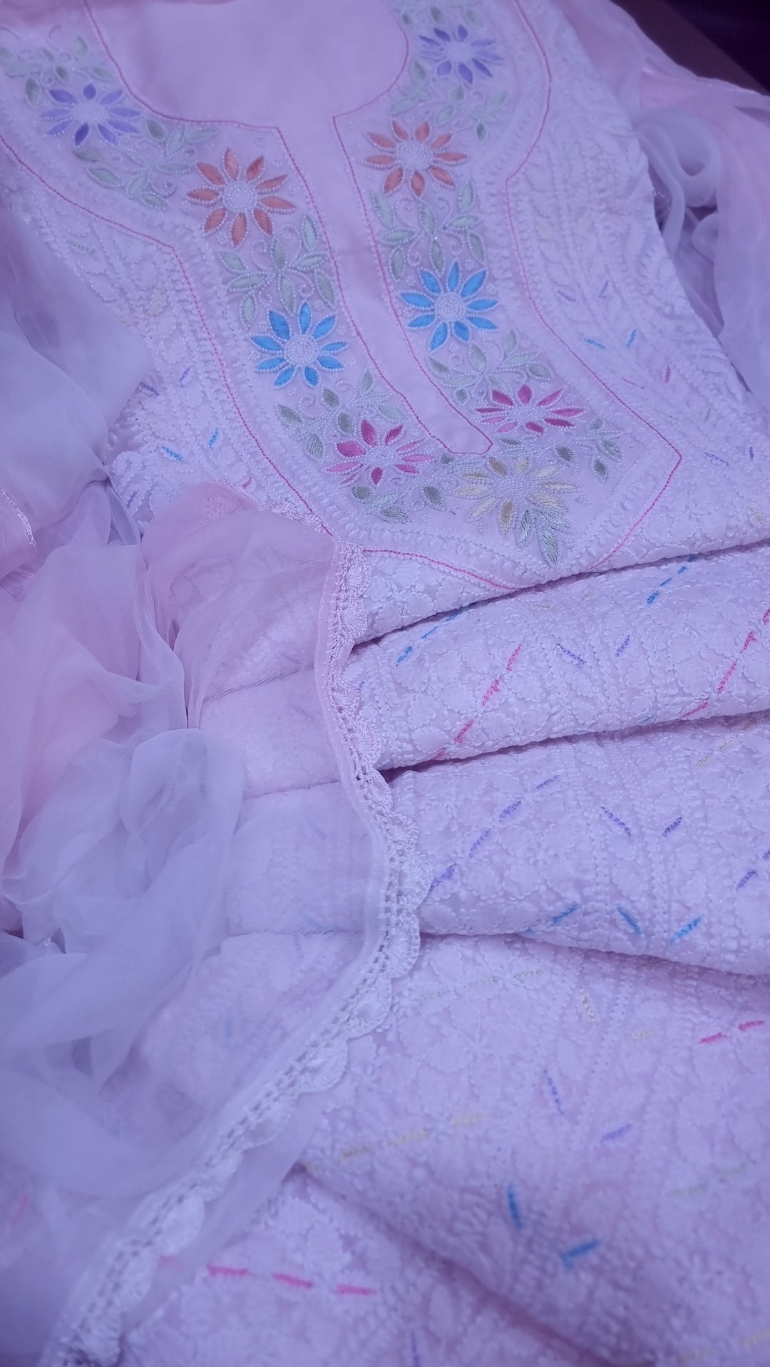 Cotton Resham Neckline chikankari dress material- Baby Pink