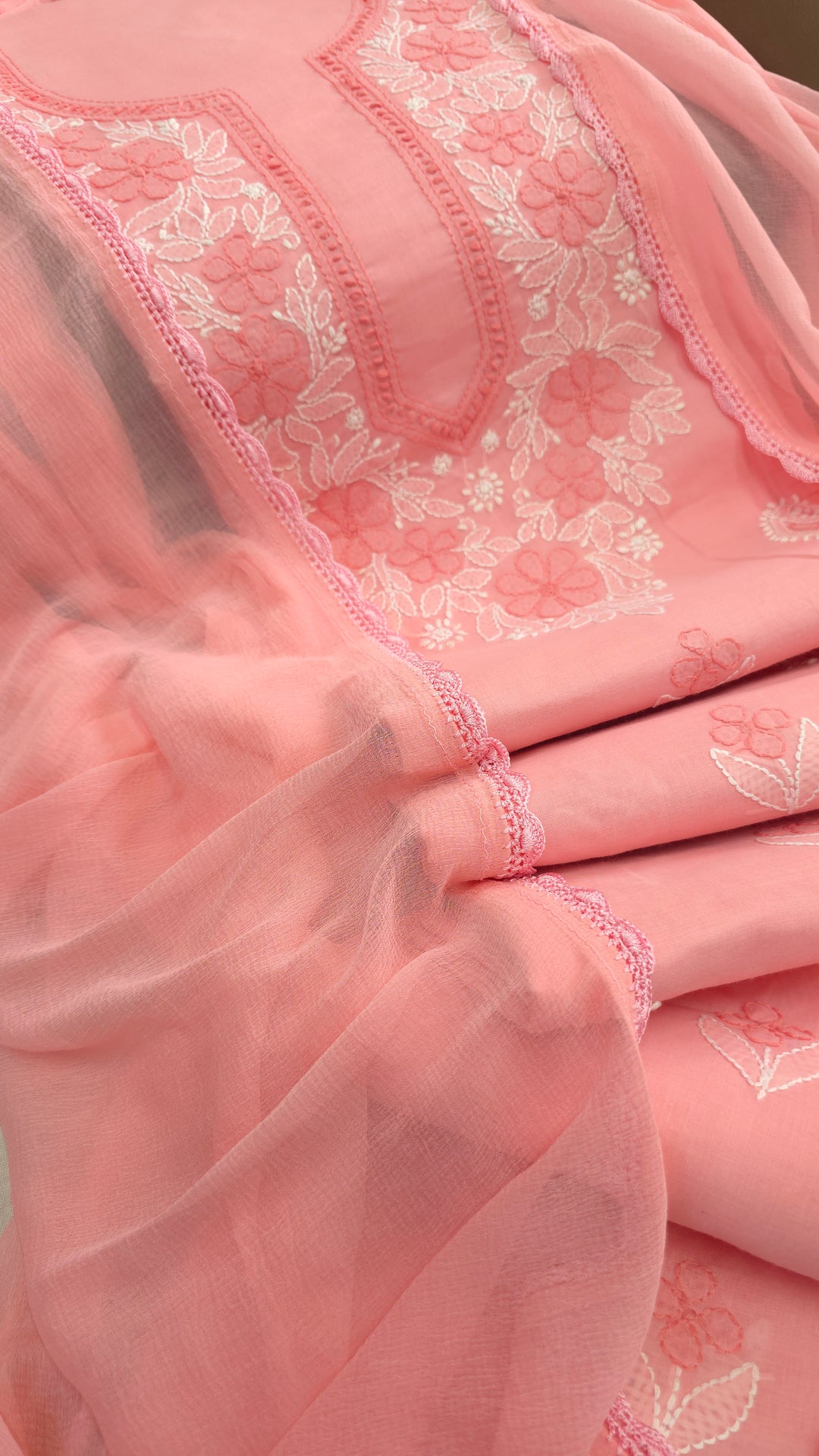Paridhan Chikan Premium Cool Cotton Chikankari Dress Material Set with Hand Embroidered Kurta, Bottom & Chiffon Dupatta with Handmade Crochet Border