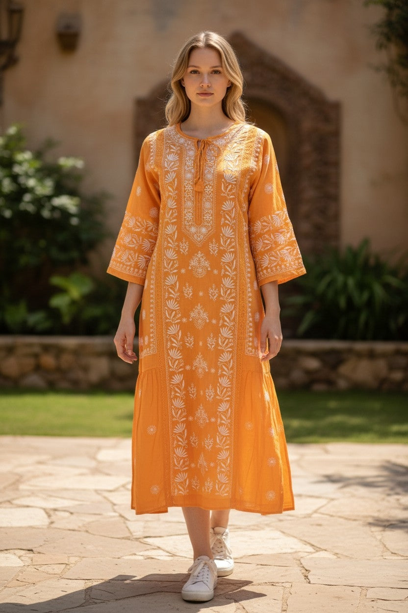 Pure Muslin luxurious long dress with *2 taar chikankari work* Length 50 " approx
