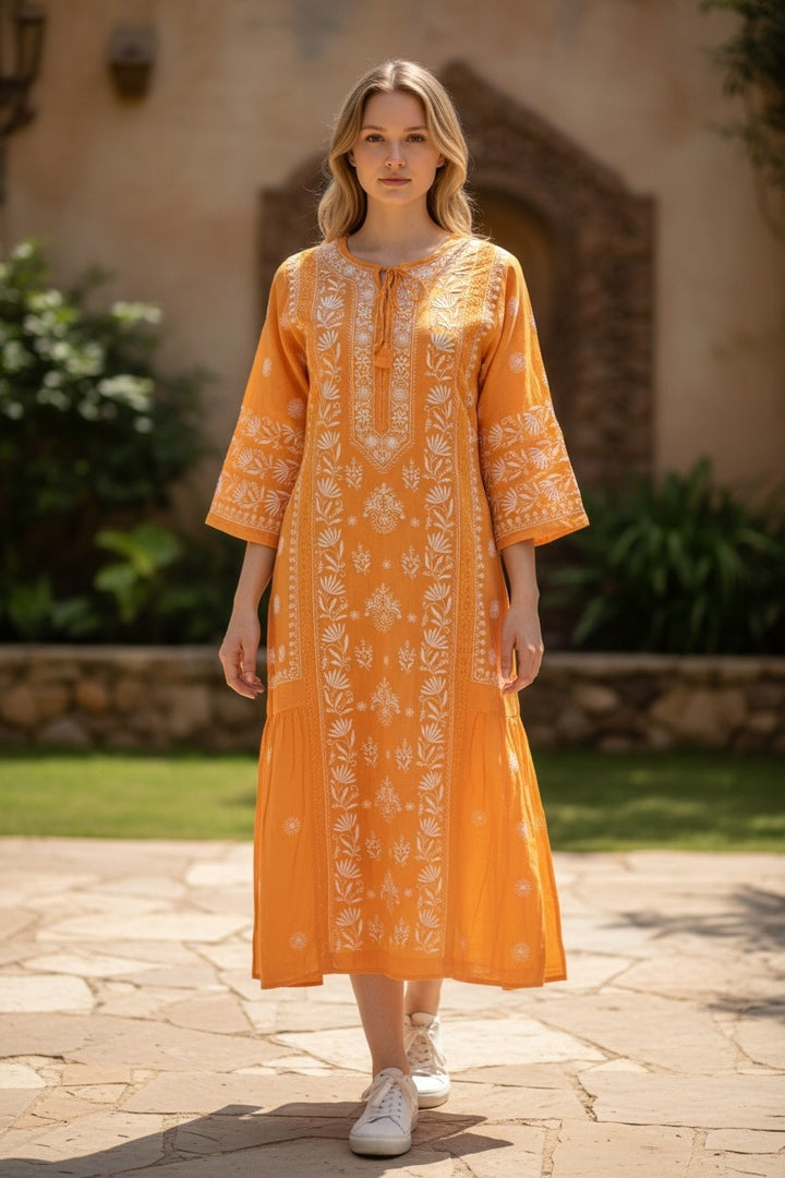 Pure Muslin luxurious long dress with *2 taar chikankari work* Length 50 " approx