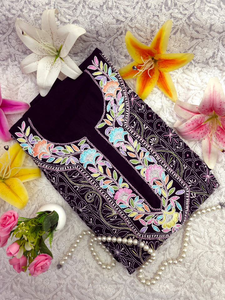 Cotton Resham Neckline chikankari dress material- Black