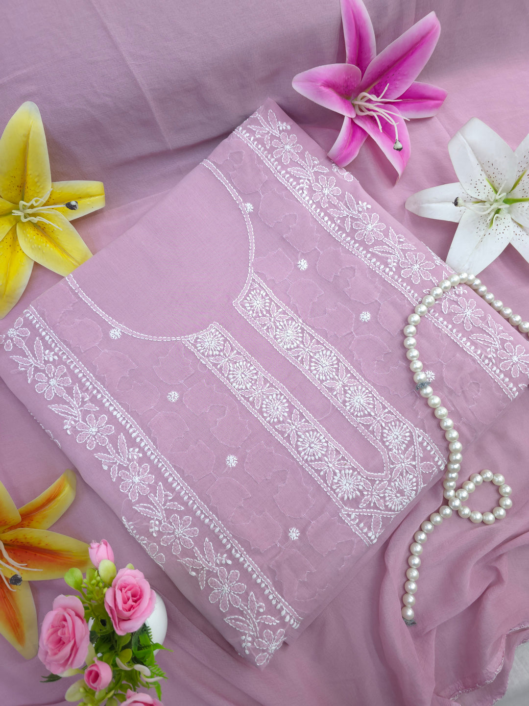 Darz Lucknowi Chikankari  Dress Material – Handmade Cotton Suit with Chiffon Dupatta