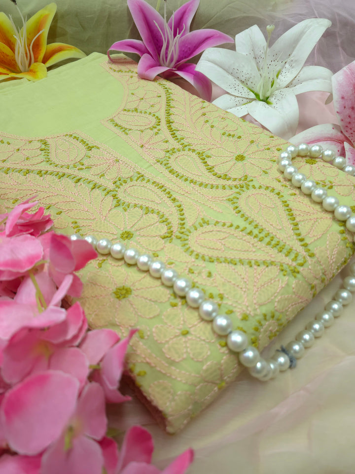 Lucknow Chikankari Hand Embroidered Cotton Dress Material with Tri-Color Motifs & Pure Chiffon Dupatta