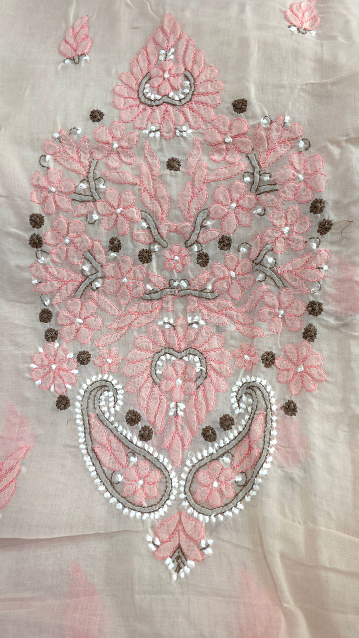 Lucknow Chikankari Hand Embroidered Cotton Dress Material with Tri-Color Motifs & Pure Chiffon Dupatta