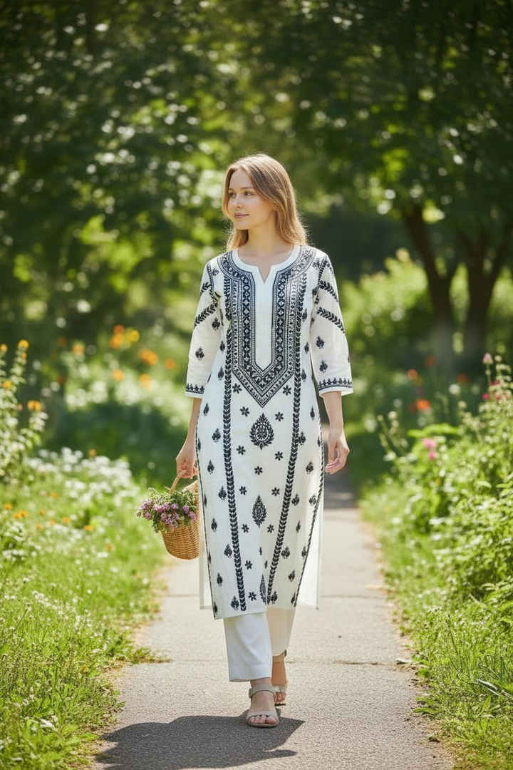 Modal Chikankari Hand Embroidered Kurti for Women | Premium Soft & Non-Transparent Fabric | 46 Inch Length | Lucknowi Chikan Kurta