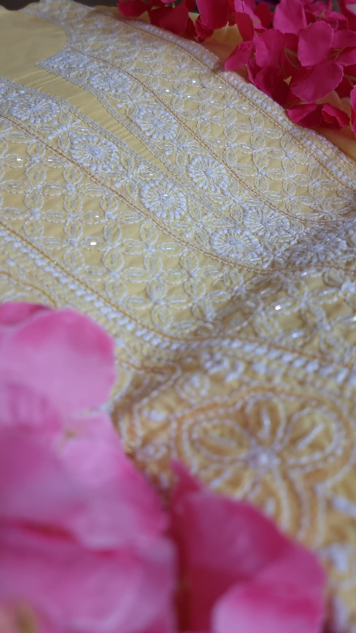 Unstitched Cotton Hand Embroidered Chikankari Dress Material with Cutdana, Resham & Badla Work | Pure Chiffon Dupatta | Lucknowi Artistry