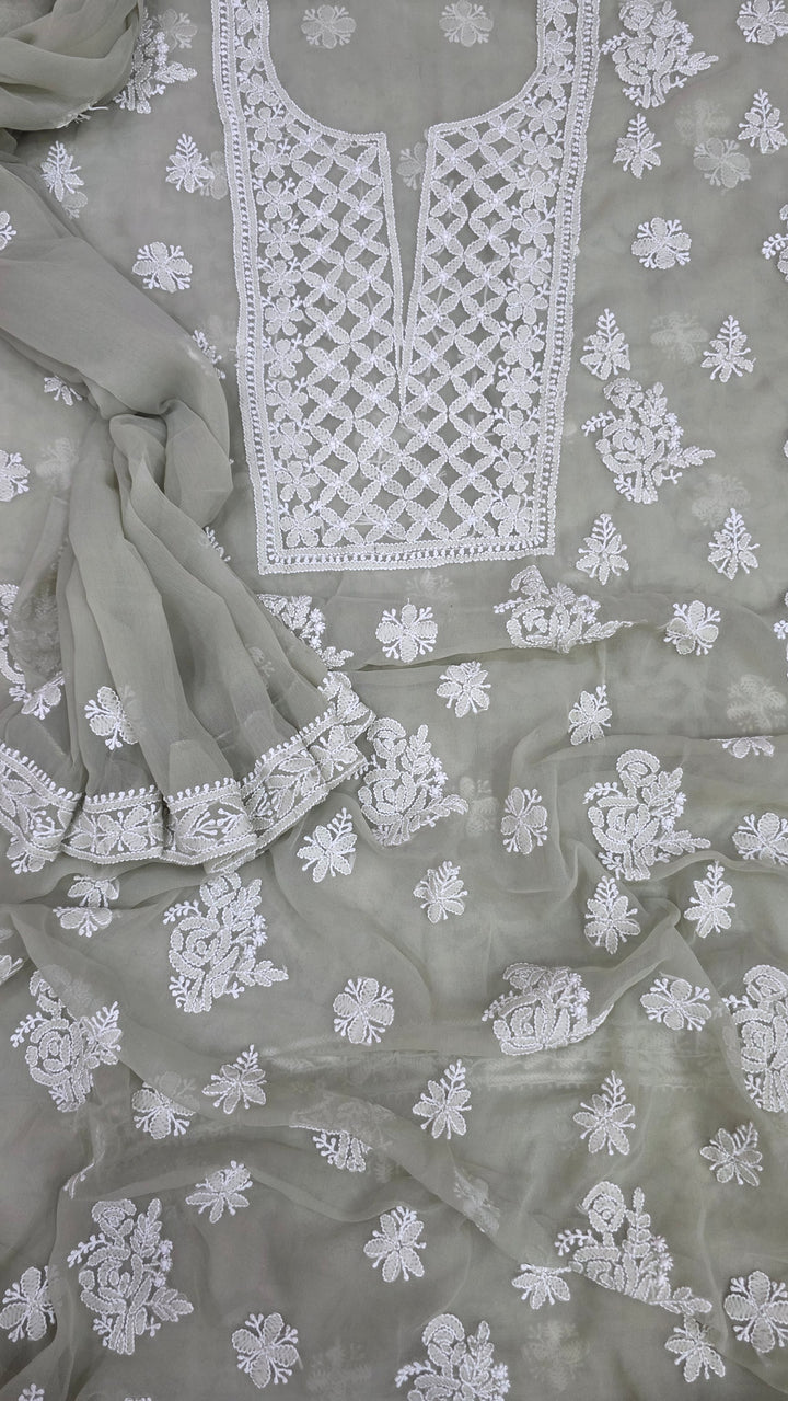 Lucknowi Georgette Chikankari Dress Material – Hand Embroidery Kurta, Bottom & Dupatta | Festive Queen Shades