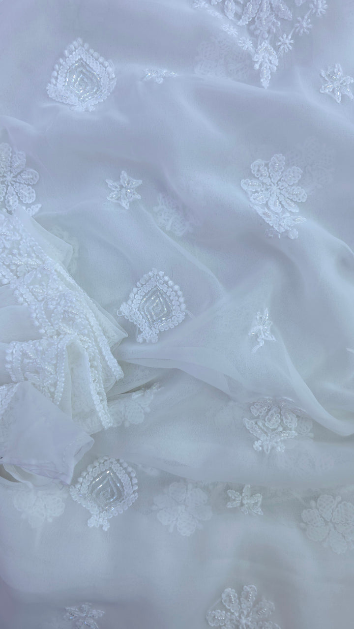 Alina Heavy Embellished Georgette Chikankari Unstitched Dress Material | Cutdana Handwork