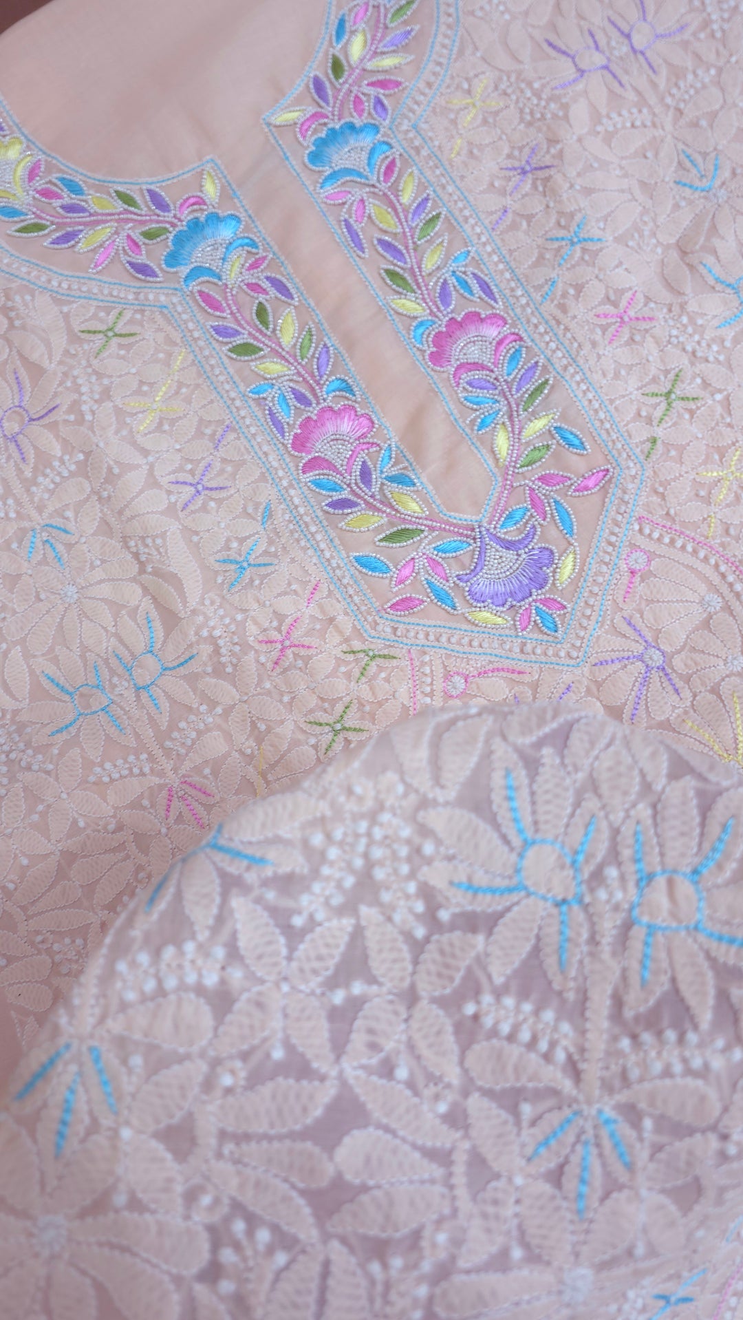 Cotton Resham Neckline chikankari dress material- Peach