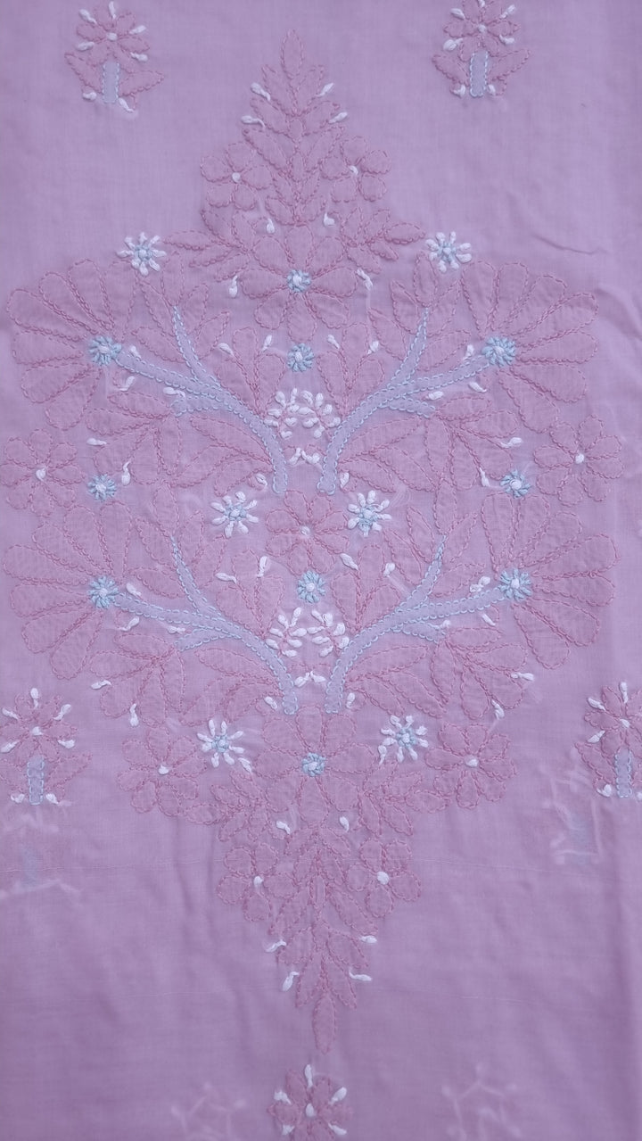 Lucknow Chikankari Hand Embroidered Cotton Dress Material with Tri-Color Motifs & Pure Chiffon Dupatta