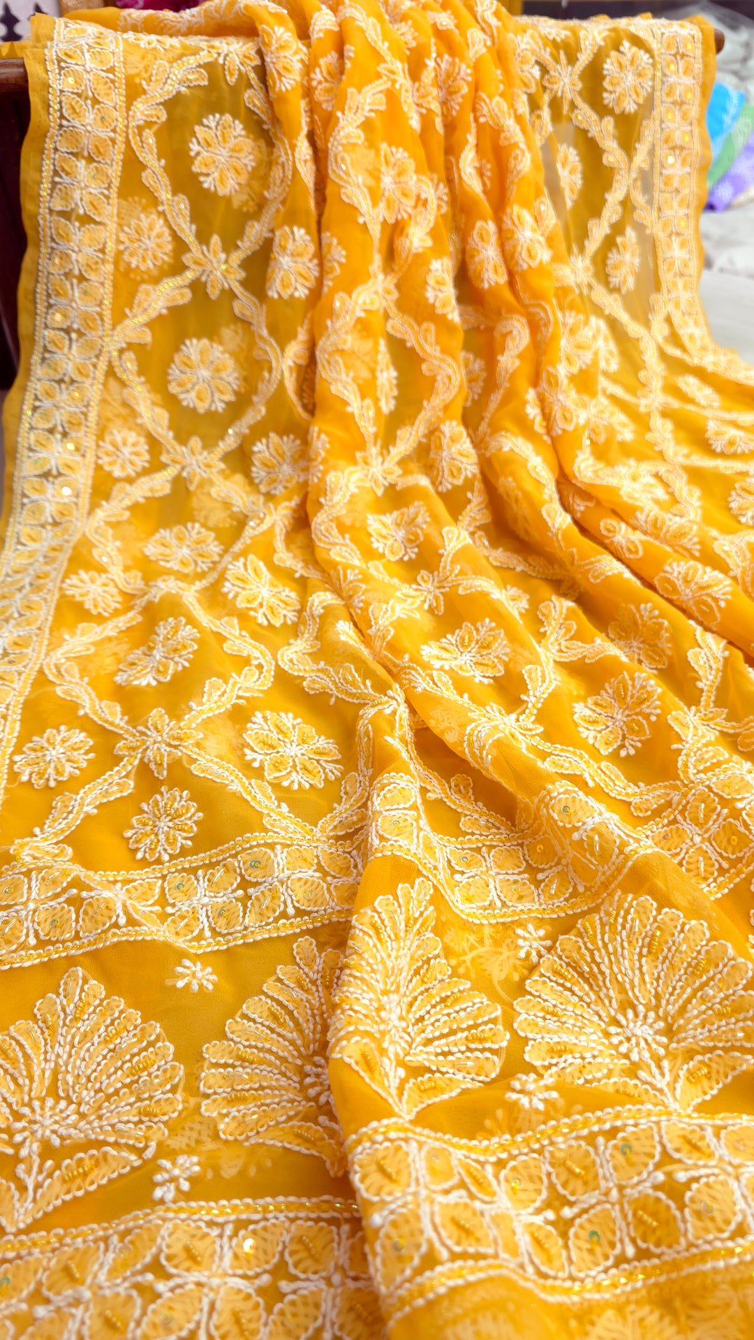 Pearl Chikankari Saree on Faux Georgette with Matching Blouse | Hand Embroidered Lucknowi Saree | Paridhan Chikan Heritage Collection