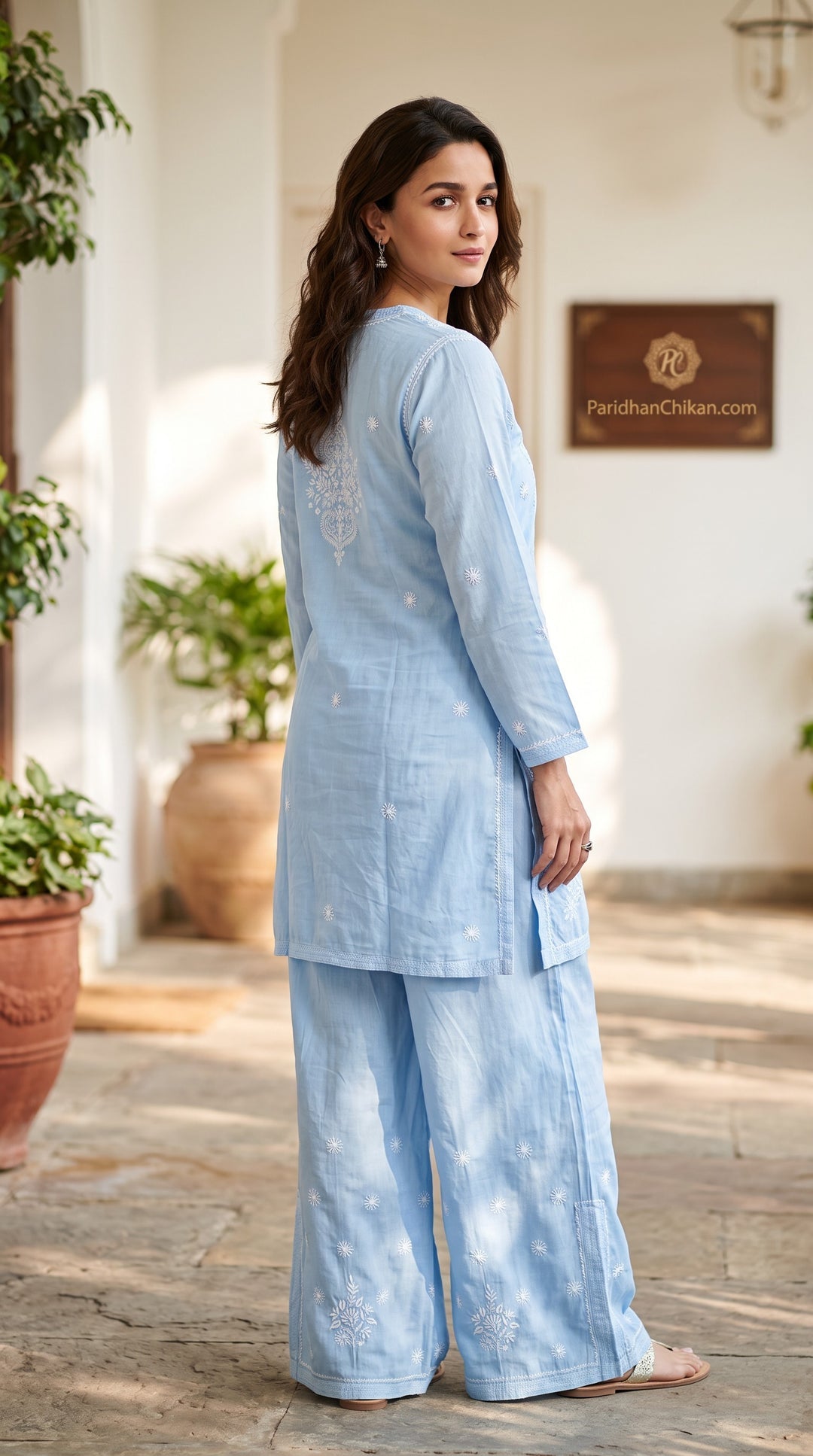 Luxe-Pure Modal satin luxurious kurti pants set with *2 taar chikankari work*