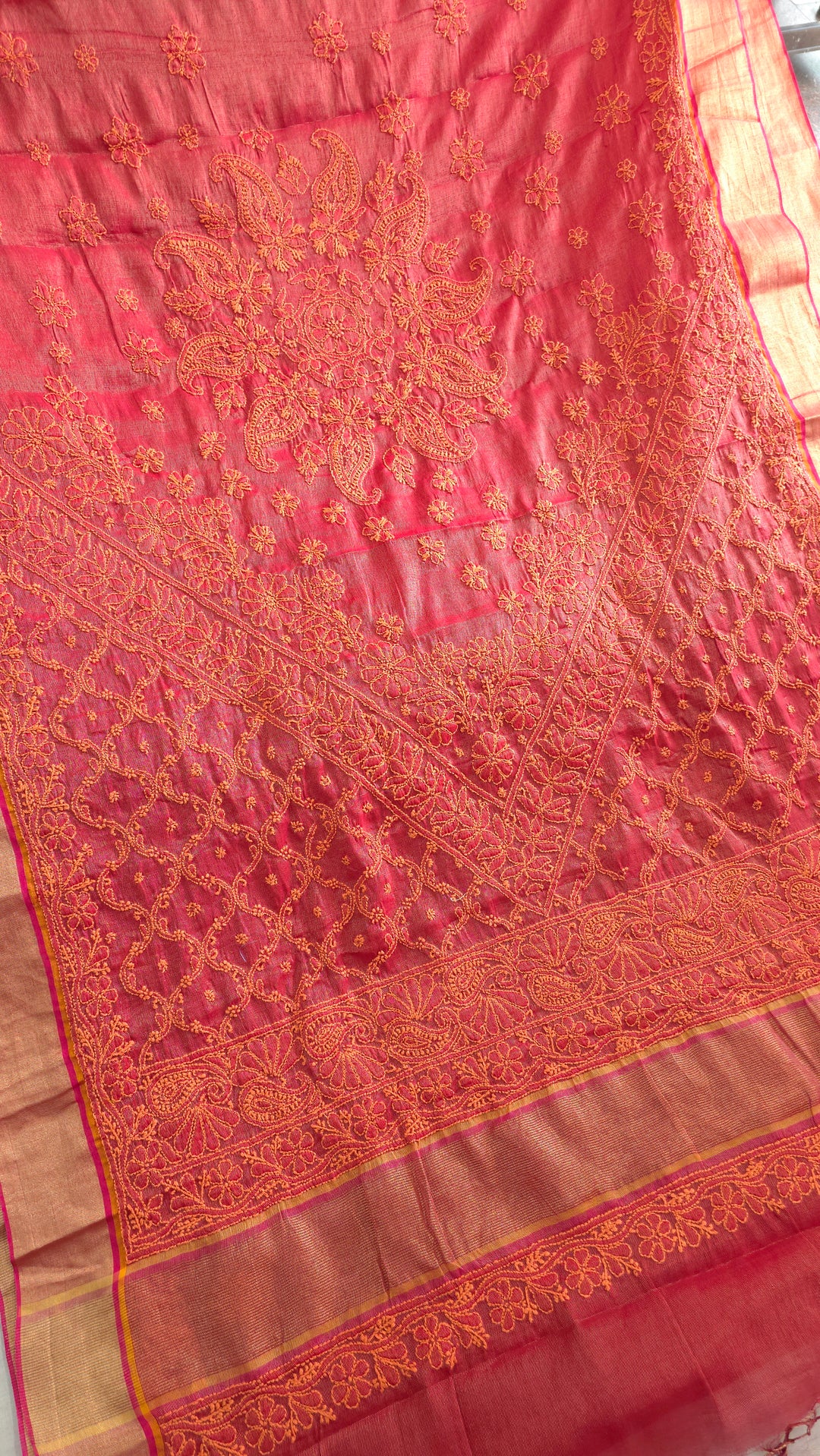 Hand Embroidered Chikankari Banarasi Silk Saree with Intricate Border & Palla Pattern – Includes  Blouse | Paridhan Chikan