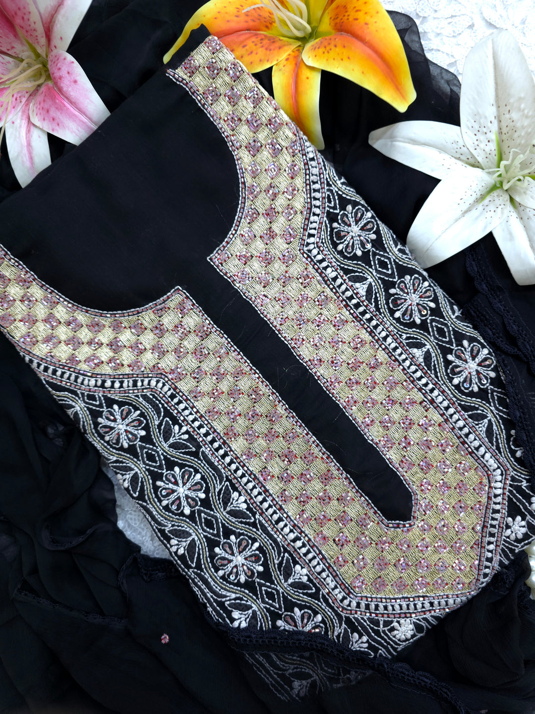 Premium Hand Embroidered Chikankari Cotton Unstitched Dress Material with Pure Chiffon Dupatta