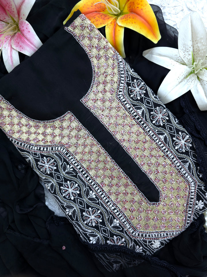 Premium Hand Embroidered Chikankari Cotton Unstitched Dress Material with Pure Chiffon Dupatta
