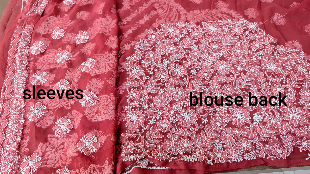 Faux Georgette Hand Chikankari Saree with Exclusive Border & designer Palla Design | Embroidered Blouse Included | Authentic Lucknow Handicraft by Paridhan Chikan
