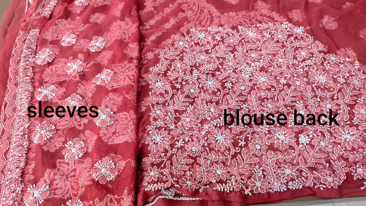 Faux Georgette Hand Chikankari Saree with Exclusive Border & designer Palla Design | Embroidered Blouse Included | Authentic Lucknow Handicraft by Paridhan Chikan