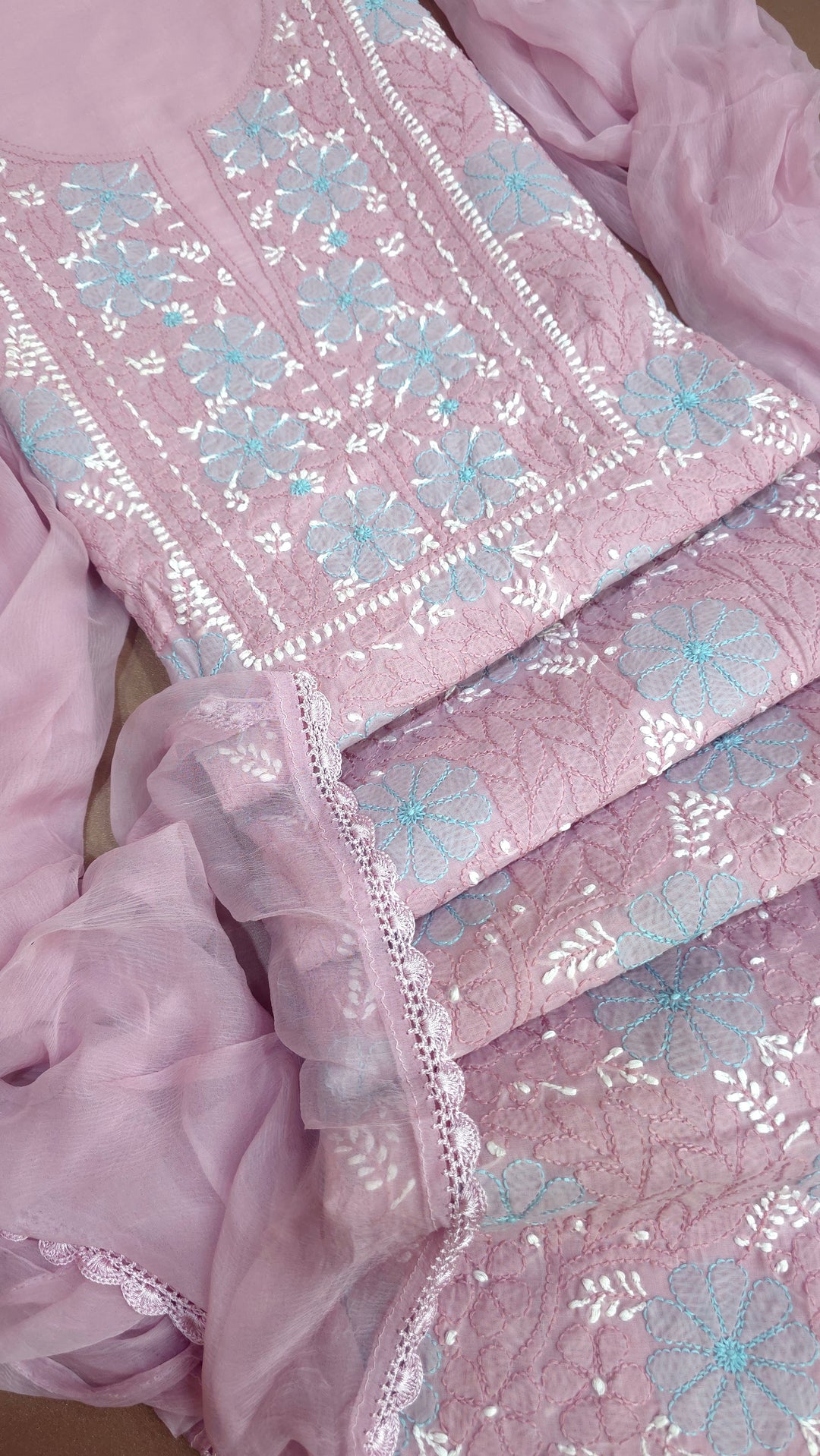 Lucknow Chikankari Hand Embroidered Cotton Dress Material with Tri-Color Motifs & Pure Chiffon Dupatta