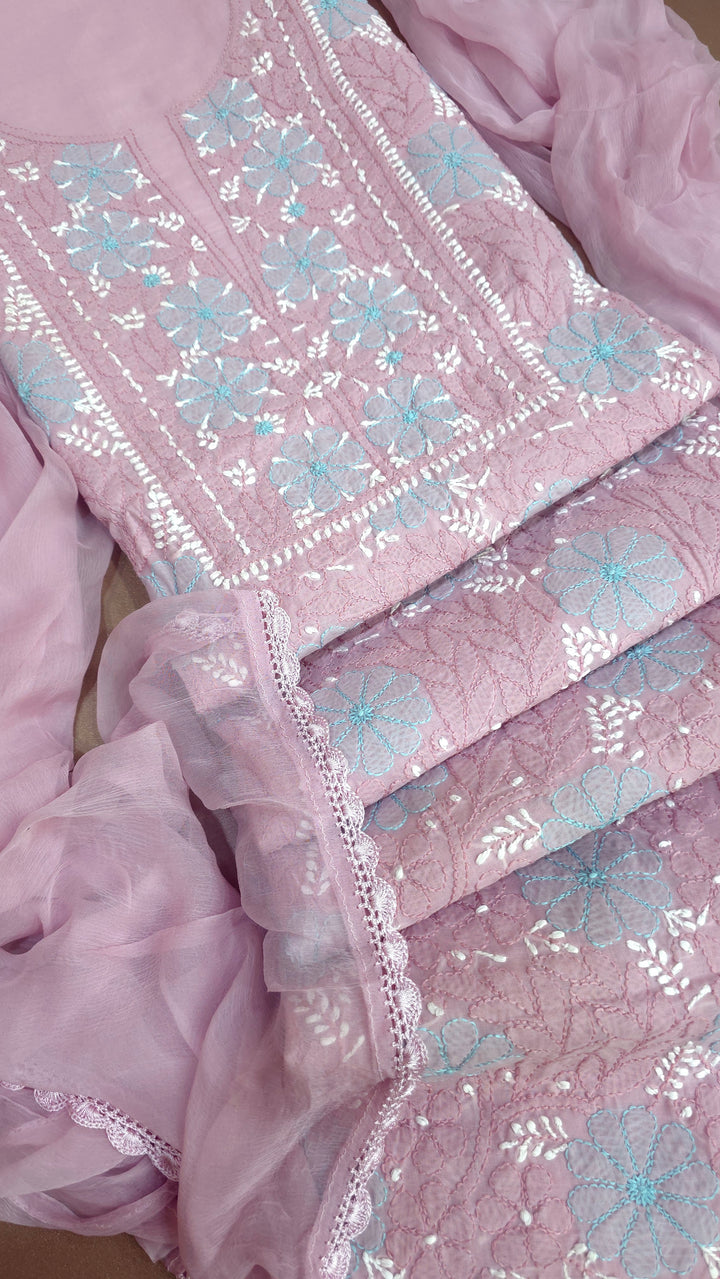 Lucknow Chikankari Hand Embroidered Cotton Dress Material with Tri-Color Motifs & Pure Chiffon Dupatta