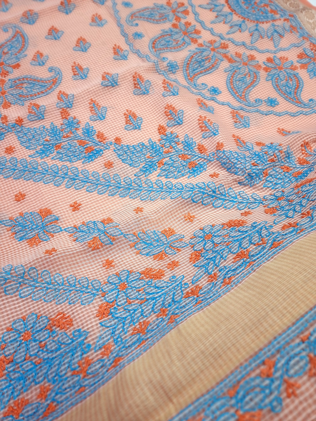 Hand Embroidered Chikankari Banarasi Silk Saree with Intricate Border & Palla Pattern – Includes  Blouse | Paridhan Chikan