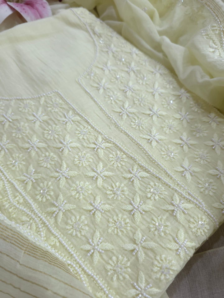 Hiba Premium Mul Chanderi Supersoft Dyeable Chikankari Dress Material | Hand Embroidered with Pearls & Cutdaana | Kurta & Dupatta Set